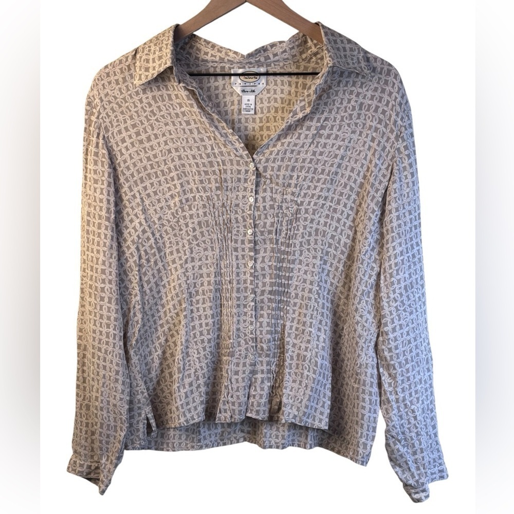 Talbots Textured Beige Button-Down Shirt 100% Silk Long Sleeve Size 16P